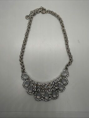 Abercrombie & Fitch Statement Bib Necklace | Silver Tone Rhinestone & White Ston